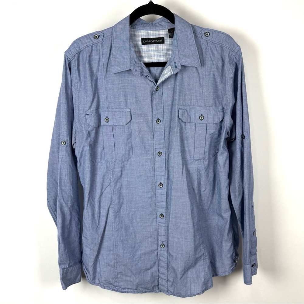 Dkny Blue Casual Button Down Shirt with Relaxed Fit - Picture 1 of 5